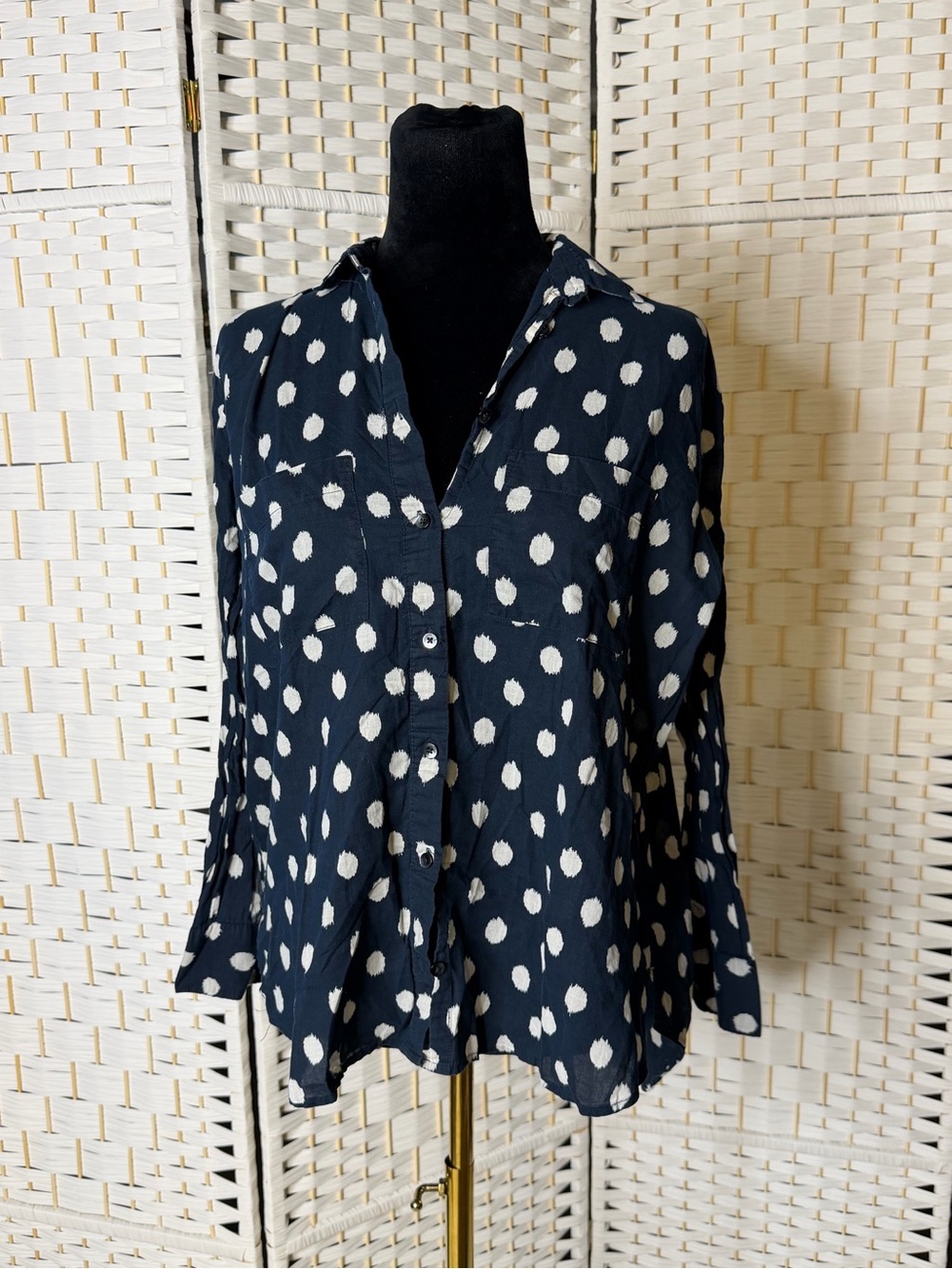 Madewell Navy Blue Button-Down Shirt with White Polka Dots